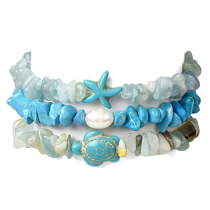 3шт. набор браслетов из бисера и драгоценных камней, с пресноводным жемчугом, морская звезда и черепаха