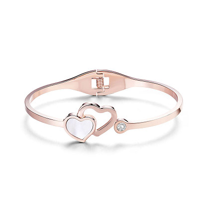 SHEGRACE Gorgeous Titanium Steel Bangle, Double Hearts with Chromatic Conch, 59mm