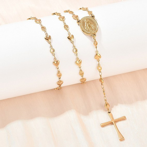 201 шарик ожерелья из нержавеющей стали четки, Цепочка-подвеска в форме сердца с девственным крестом и застежкой из нержавеющей стали, ионное покрытие (ip)