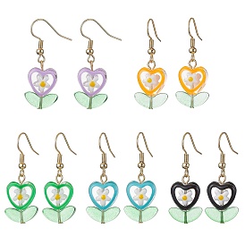 Glass Flower & Lampwork Leaf Dangle Earrings, Real 18K Gold Plated Brass Earrings