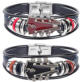 2pcs 2 couleurs Bracelets en alliage et cuir pour hommes et femmes, guitare