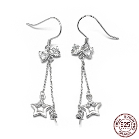 925 Sterling Silver Dangle Earring Findings, with Cubic Zirconia, For Half Drilled Beads, Star & Bowknot, Clear