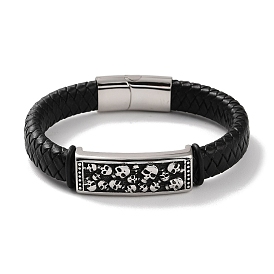 Men's Braided Black PU Leather Cord Bracelets, Rectangle with SkullS 304 Stainless Steel Link Bracelets with Magnetic Clasps