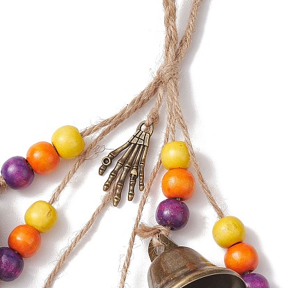 Halloween Iron Protective Witch Bells for Doorknob Hanging Ornaments, Wood Beaded and Jute Cord Witch Wind Chime for Home Decor