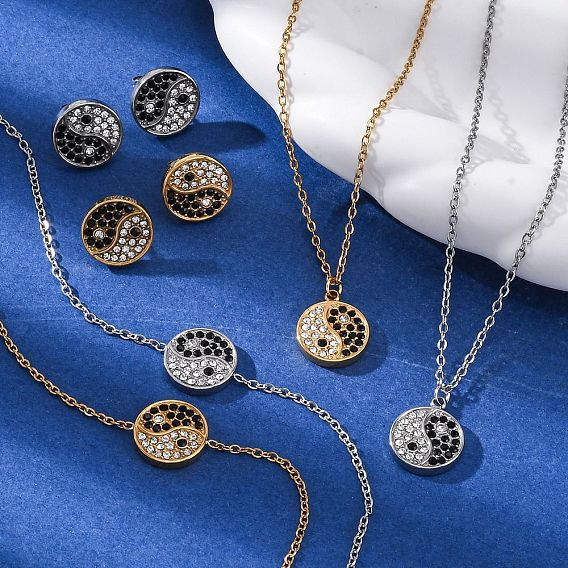 Инь-ян 304 ожерелья и браслеты с подвесками из нержавеющей стали и стразами и серьги-гвоздики для женщин, ионное покрытие (ip)