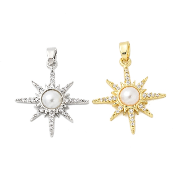 Латунные микропаве прозрачные подвески с фианитом, без кадмия и без свинца, с абс пластмассовой имитационной жемчужиной, солнечные чары