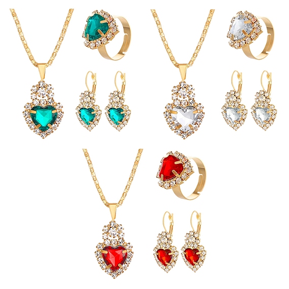 Комплект украшений со стразами в форме сердца, золотой сплав 3 пары 3 цвета серьги с застежкой-русалкой и 3шт. 3 цвета ожерелье с подвеской и 3шт. 3 цвета регулируемое кольцо