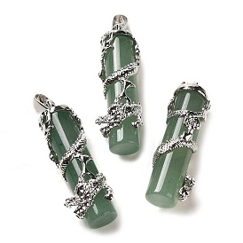 Natural Green Aventurine Pendants, Dragon Wrapped Column Charms, with Iron Snap on Bails