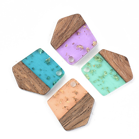 Transparent Resin & Walnut Wood Pendants, with Foil, Polygon