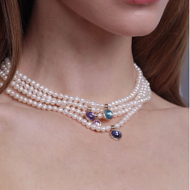 Colliers à pendentif rond plat en verre de style pierre de naissance, avec des chaînes de perles d'imitation