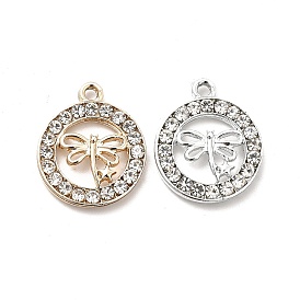 Alloy Crystal Rhinestone Pendants, Flat Round with Hollow Out Dragonfly Charms