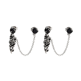Halloween Skull 316 Surgical Stainless Steel Pave Black Cubic Zirconia Dangle Chains Stud Earrings, Asymmetrical Earrings for Women