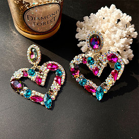Exaggerated alloy inlaid color rhinestone heart earrings 925 silver needle earrings high-end sense earrings