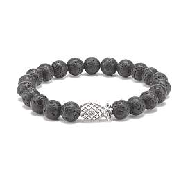 Natural Lava Rock Round Beaded Stretch Bracelet with Alloy Pineapple, Essential Oil Gemstone Jewelry for Women