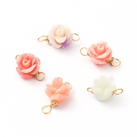 Synthetic Coral Links Connectors, with Golden Tone Copper Wire Loop, 3D Rose Flower