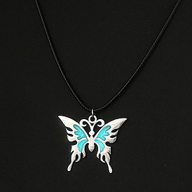 Glow in the Dark Luminous Stainless Steel Butterfly Pendant Necklaces, with Enamel