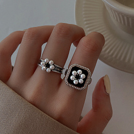 S925 Silver Exquisite Pearl Flower Ring Women's Retro Palace Style Elegant Open Ring Index Finger Ring