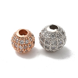 Rack Plating Round Brass Micro Pave Cubic Zirconia Beads, Long-Lasting Plated, Lead Free & Cadmium Free