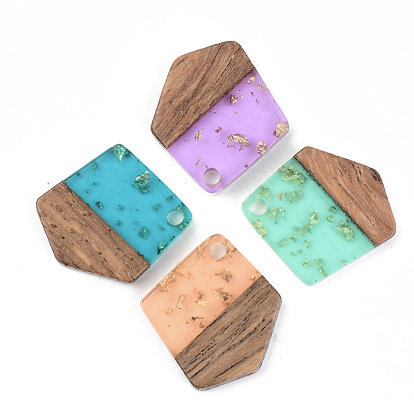 Transparent Resin & Walnut Wood Pendants, with Foil, Polygon