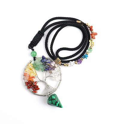 Chakra Themed Natural & Synthetic Mixed Gemstone Chips Beaded Tree of Life Pendant Necklaces, Platinum Brass Wire Wrap Pendant Necklace