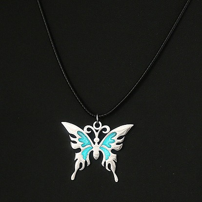 Glow in the Dark Luminous Stainless Steel Butterfly Pendant Necklaces, with Enamel