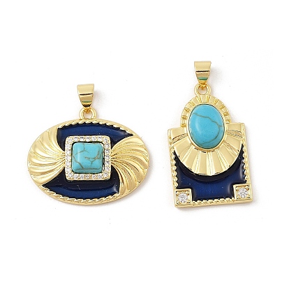 Синтетические бирюзовые подвески, Овальные квадратные подвески с латунно-голубой эмалью и прозрачными кубическими цирконами, реальный 18 k позолоченный