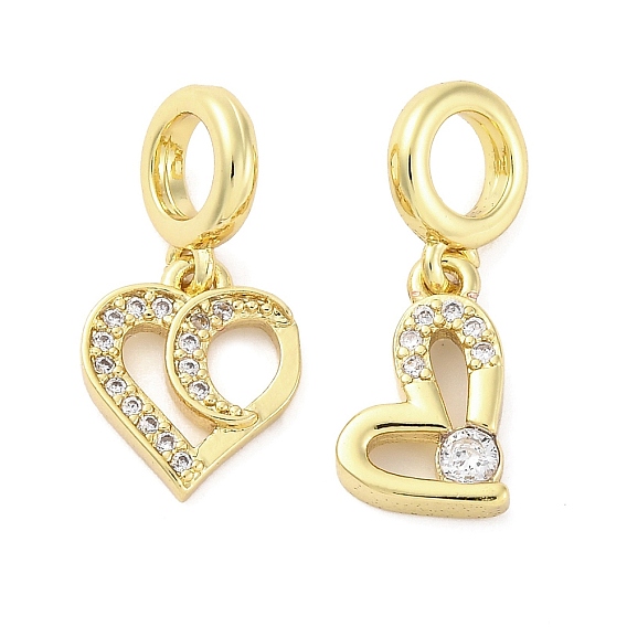 Латунное микропейв с кубическим цирконием европейские подвески с подвесками, сердце, Подвески с большими отверстиями
