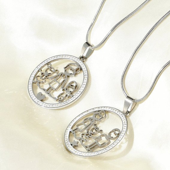 201 кольцо из нержавеющей стали с кристаллами и стразами с семейным кулоном на шею в подарок на день матери, цвет нержавеющей стали