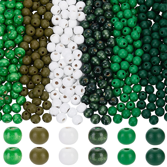 600pcs 6 perles en bois naturel teintées de couleurs, ronde, sans plomb