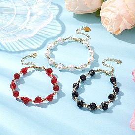 3Pcs 3 Styles Round Shell Pearl & Natural Black Onyx & Carnelian Beaded Bracelets for Women, with Glass Seed Beads
