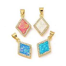 Brass Micro Pave Cubic Zirconia with Synthetic Opal Pendants, Real 18K Gold Plated, Rhombus