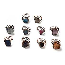 Natural Gemstone Irregular Nugget Open Cuff Rings, Red Copper Plated Brass Wire Wrap Ring for Women, Cadmium Free & Lead Free