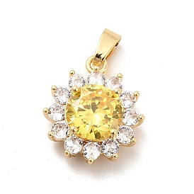 Brass Micro Pave Clear Cubic Zirconia Pendants, with Yellow Glass, Flower Charm