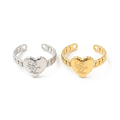 304 Stainless Steel Heart with Word Love You Open Cuff Ring for Women