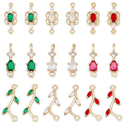 18 шт. 9 стили латунные подвески с кубическим цирконием, золотой свет, долговечный, ветка, капля и бабочка