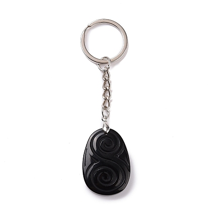 Natural Gemstone Teardrop with Spiral Pendant Keychain, with Brass Split Key Rings