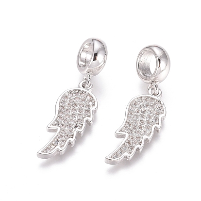 Brass Micro Pave Cubic Zirconia European Dangle Charms, Large Hole Pendants, Wing, Clear