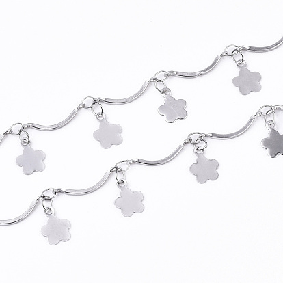 304 Stainless Steel Curved Bar Link Chains, Scalloped Bar Chain, with Flower Charms, Soldered