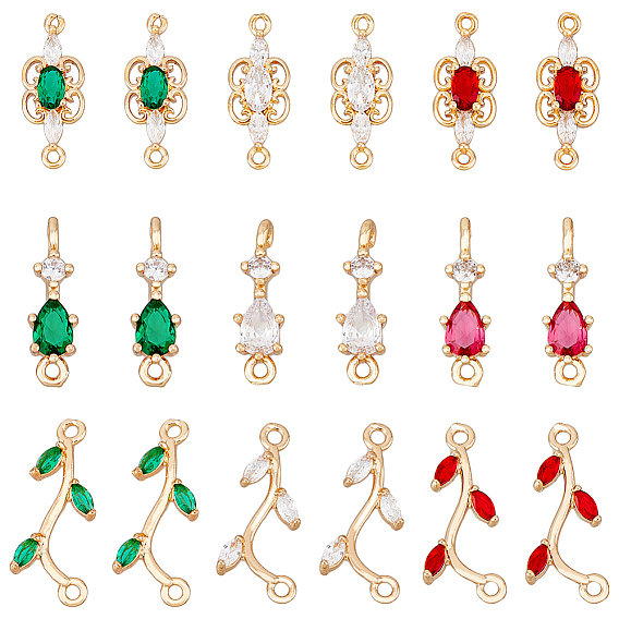 18 шт. 9 стили латунные подвески с кубическим цирконием, золотой свет, долговечный, ветка, капля и бабочка