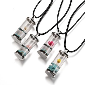 Glass Wishing Bottle Leather Cord Pendant Necklaces, with Dried Flower & Natural Gemstone Chip Beads Inside, Platinum