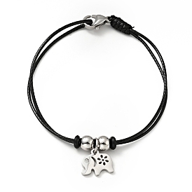 304 pulsera de acero inoxidable con colgante de elefante y cordón encerado para mujer
