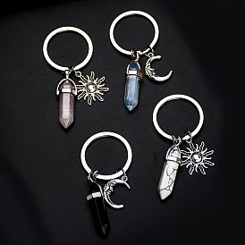 Gemstone & Alloy Pendant Keychains, with Iron Rings, Bullet Shapes