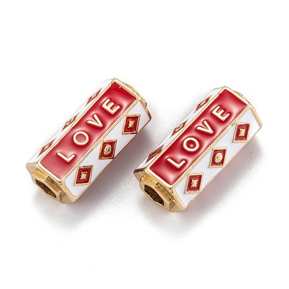 Real 18K Gold Plated Brass Micro Pave Clear Cubic Zirconia Tube Beads, with Enamel, Hexagonal Prism with Word Love