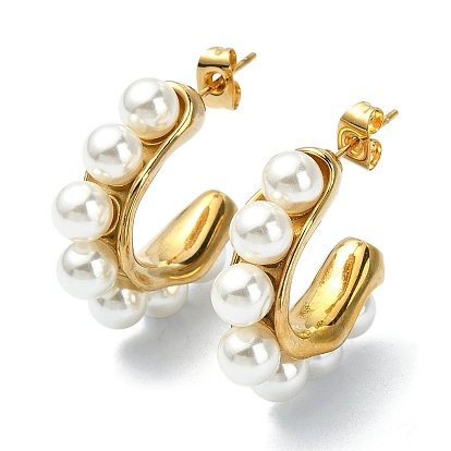 Ion Plating(IP) 304 Stainless Steel Ring Stud Earrings, Half Hoop Earrings with Plastic Pearl