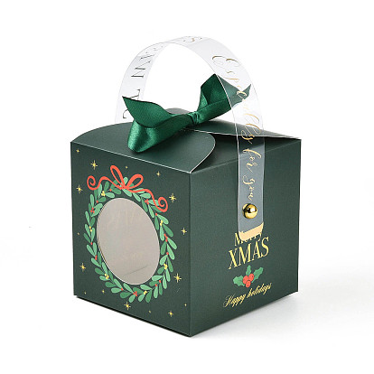 Рождественские венки, складные подарочные коробки, с прозрачным окном и лентой, подарочные упаковочные коробки, на подарки конфеты печенье, квадратный