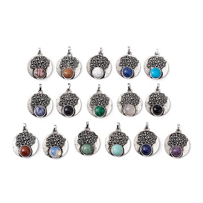 Gemstone Alloy Pendants, Lead Free & Cadmium Free, Antique Silver, Flat Round with Tree