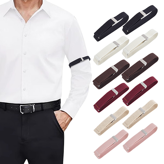 6 Pairs 6 Colors Polyester Shirt Sleeve Holders, Elastic Adjustable Armband, with Platinum Tone Iron Buckle