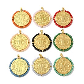 Ионное покрытие (ip) 304 подвески из нержавеющей стали, со стеклянными бусинами, реальный 18 k позолоченный, плоско-круглые