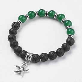 Pulseras con dijes de cuentas de roca de lava natural, Con los hallazgos de Taiwán Jade y aleación., estrella de mar / estrellas de mar, plata antigua