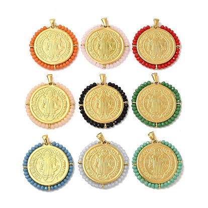 Ионное покрытие (ip) 304 подвески из нержавеющей стали, со стеклянными бусинами, реальный 18 k позолоченный, плоско-круглые